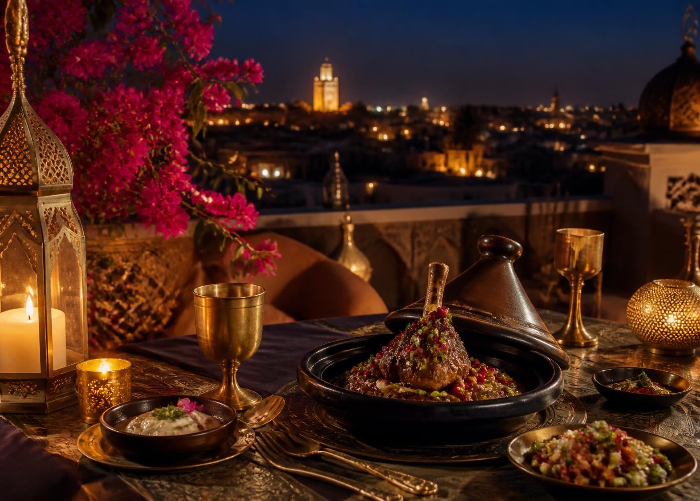 Table dressée dans un restaurant d'exception à Marrakech réservé par notre conciergerie