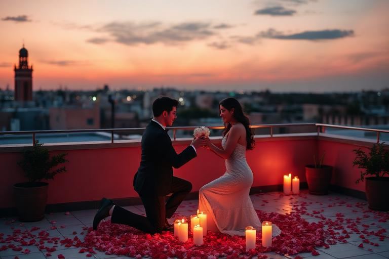Demande en mariage sur mesure à Marrakech, mise en scène romantique aux chandelles